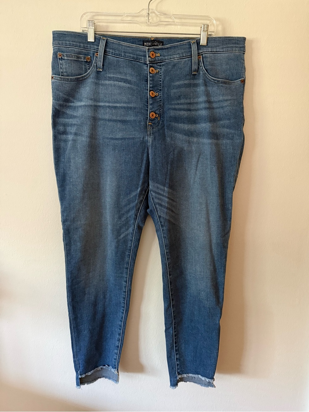 J. Crew Mercantile High Rise Button Fly Cropped Ankle Raw Hem Jeans
